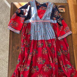 Ulla Johnson Milena Embroidered Patchwork Midi Dress Linen Blend Boho